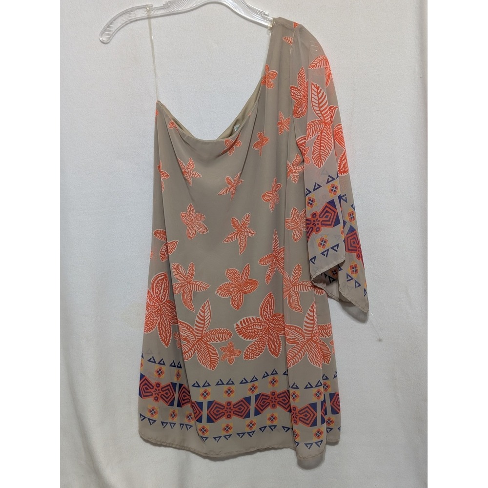 Auditions Womens One Shoulder Tropical Geometric Print Mini Dress Taupe Orange M